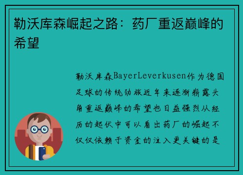 勒沃库森崛起之路：药厂重返巅峰的希望